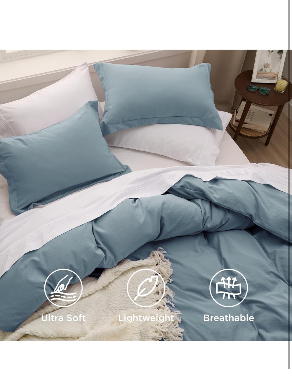 NEW Bedsure Dusty Blue Duvet Cover. Prewashed Cotton-Like Polyester. 3 PCS w/Zip - Picture 4 of 7